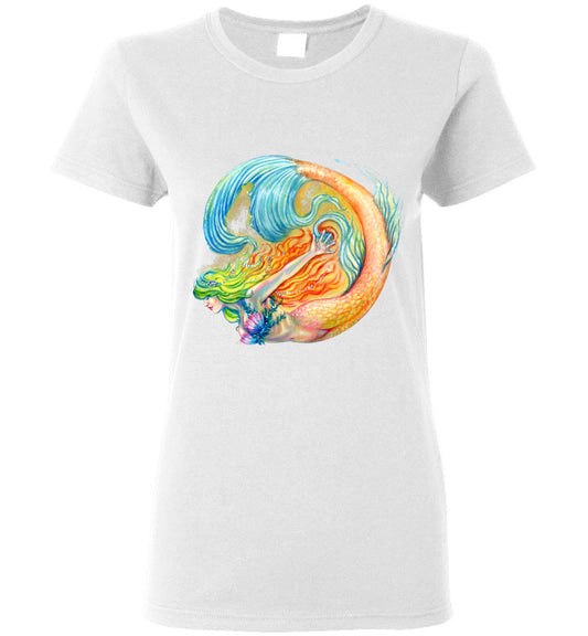 Color swirl Rainbow Siren Mermaid Beachwear t-shirt Gildan Womens - Inlumined Arts LLC