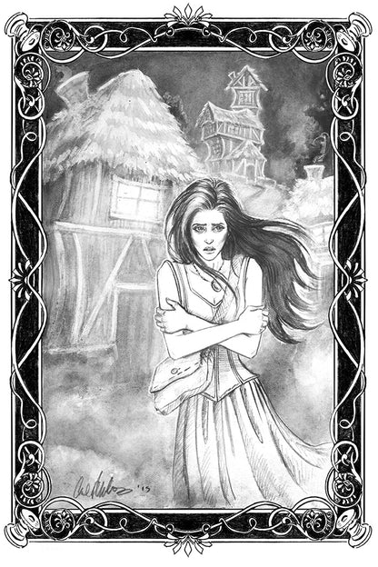 Shara and the Haunted Village Original Published Illustration Drawing #11 Shara Scared - Inlumined Arts LLC