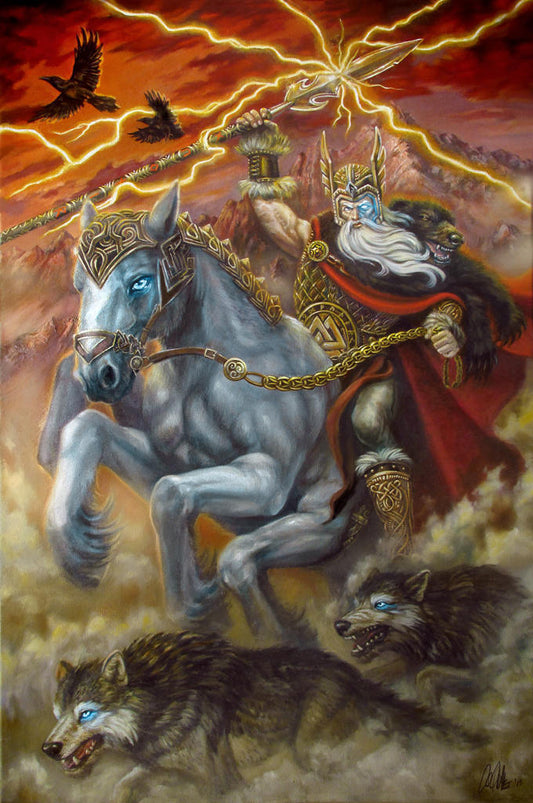Odin with Sleipnir  Mythological Fantasy Art Print - Inlumined Arts LLC