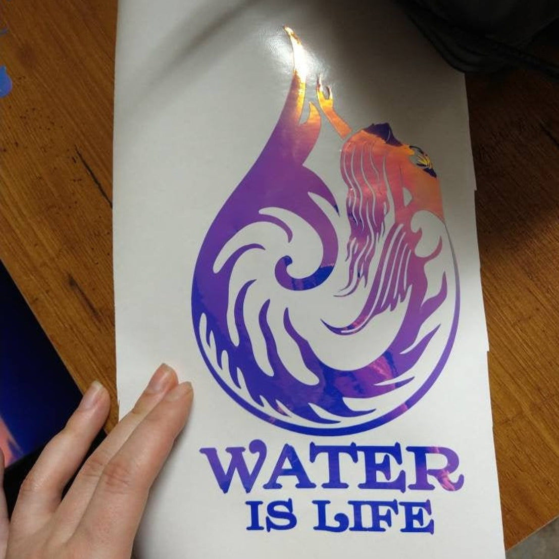 Waterdrop, Water Is Life decal for car, boat, laptop, blue gold holo - Inlumined Arts LLC