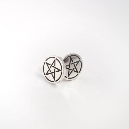 Pentagram sterling silver Stud Earrings Round circle MINIMALIST Witchy - Inlumined Arts LLC