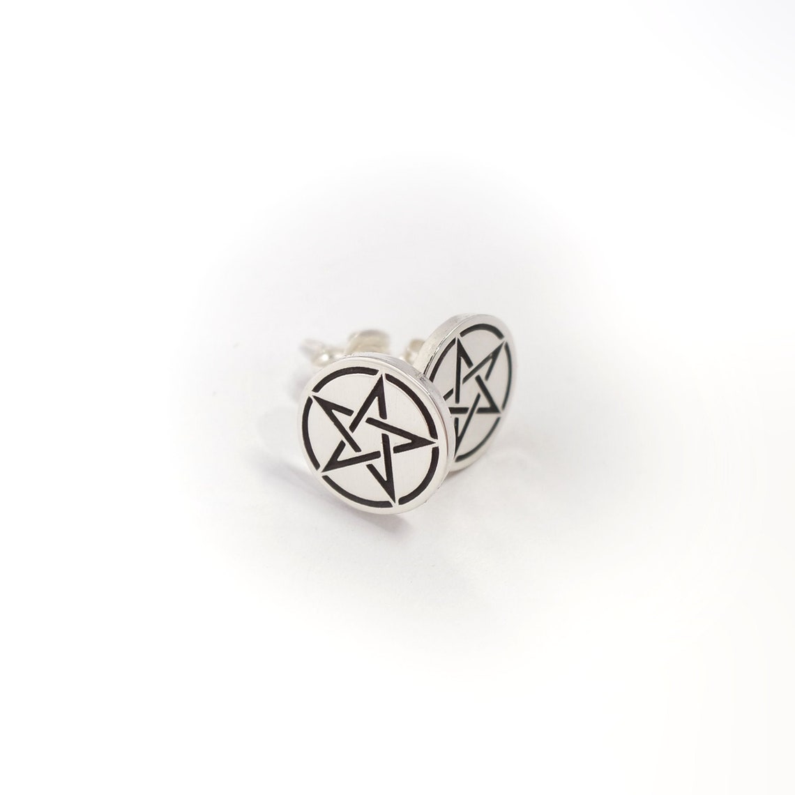 Pentagram sterling silver Stud Earrings Round circle MINIMALIST Witchy - Inlumined Arts LLC