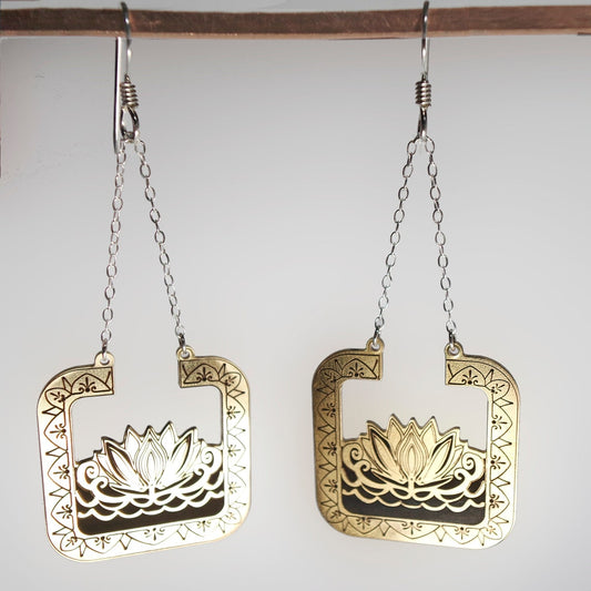 Lotus Flower Sterling Silver or Brass Dangle Drop Earrings - Inlumined Arts LLC