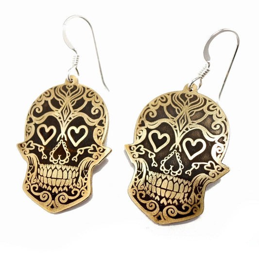 Sugar Skull Heart Dangle Drop Earrings  in Brass or Silver - Inlumined Arts LLC