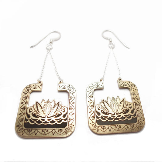 Lotus Flower Sterling Silver or Brass Dangle Drop Earrings - Inlumined Arts LLC