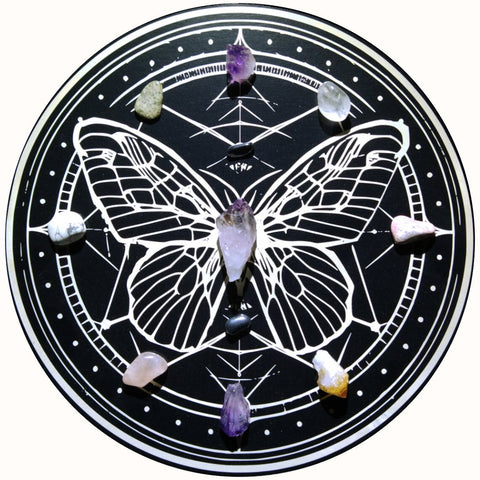 Enchanted Nocturne Moth Crystal Grid Board, Gothic Occult Wall Art, 12 inch