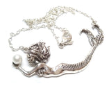 Mermaid Necklace, sterling silver mermaid, Pearl Necklace , Fantasy Art Mermaid Pendant, Womens Ocean dolphin Nautical 16" 18" Chain