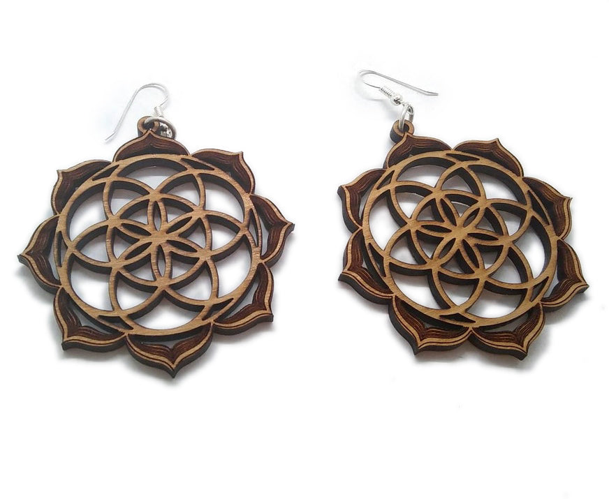 Sacred Geometry Sterling Silver Flower of Life Wood Earrings Witchy Boho - Inlumined Arts LLC