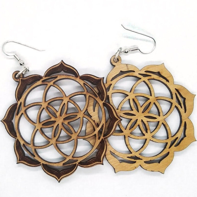 flower of life wood boho earrings