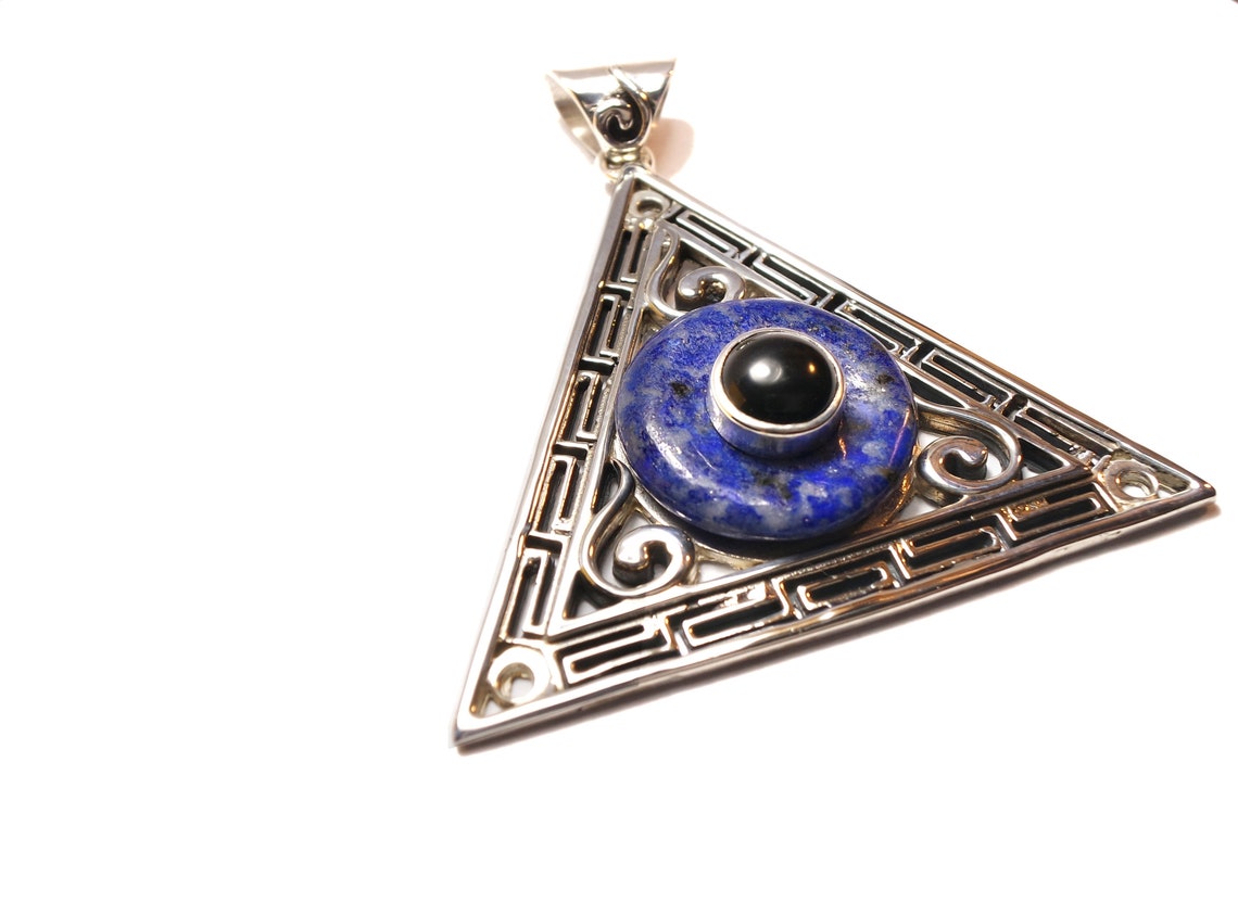 Evil Eye, Sterling Silver Amulet, Greek Pendant  with Lapis Lazuli and Onyx - Inlumined Arts LLC