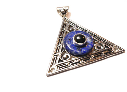 Evil Eye, Sterling Silver Amulet, Greek Pendant  with Lapis Lazuli and Onyx - Inlumined Arts LLC