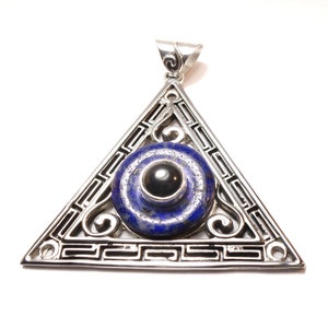 Evil Eye, Sterling Silver Amulet, Greek Pendant  with Lapis Lazuli and Onyx - Inlumined Arts LLC