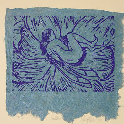 Original Fantasy Art fairy Wood Cut Block "Hidden" in blue - Inlumined Arts LLC