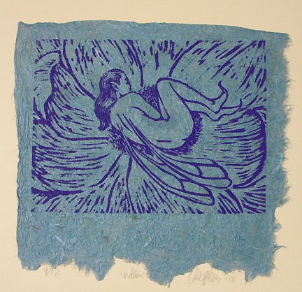 Original Fantasy Art fairy Wood Cut Block "Hidden" in blue - Inlumined Arts LLC