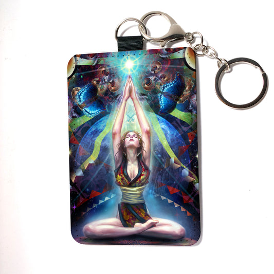 Meditation, card holder , key chain wallet faux vegan leather